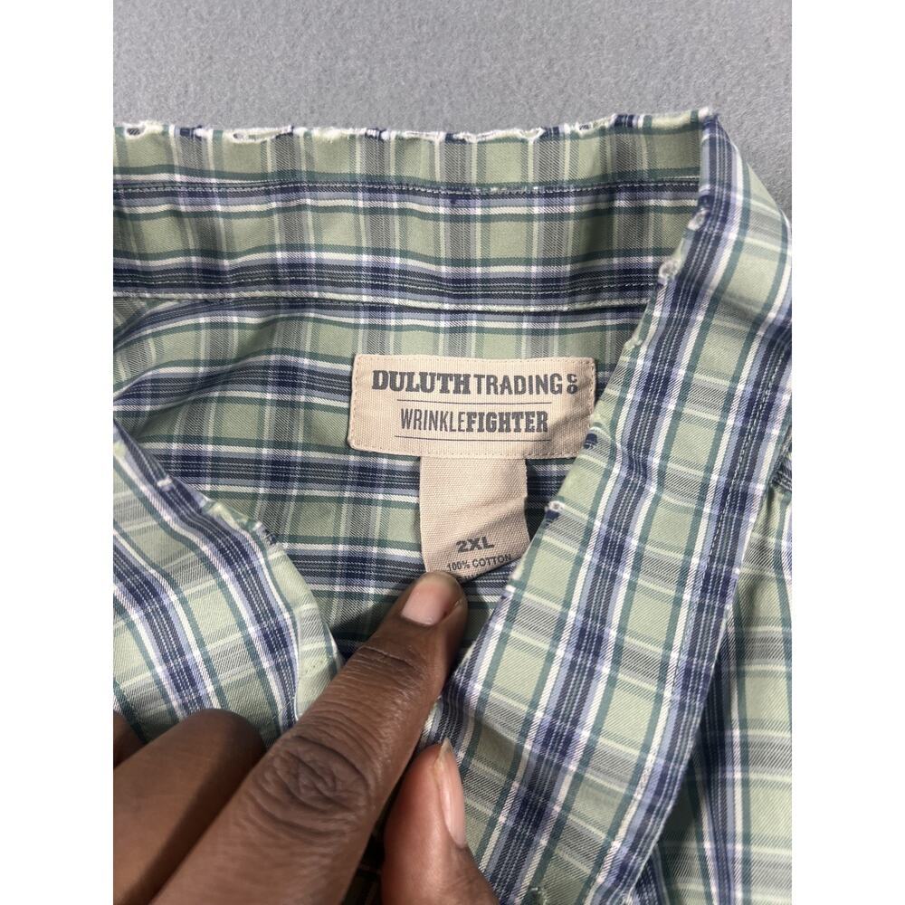 Duluth Trading Co Men's 2XL Wrinklefighter Plaid Shirt Green Blue Cotton